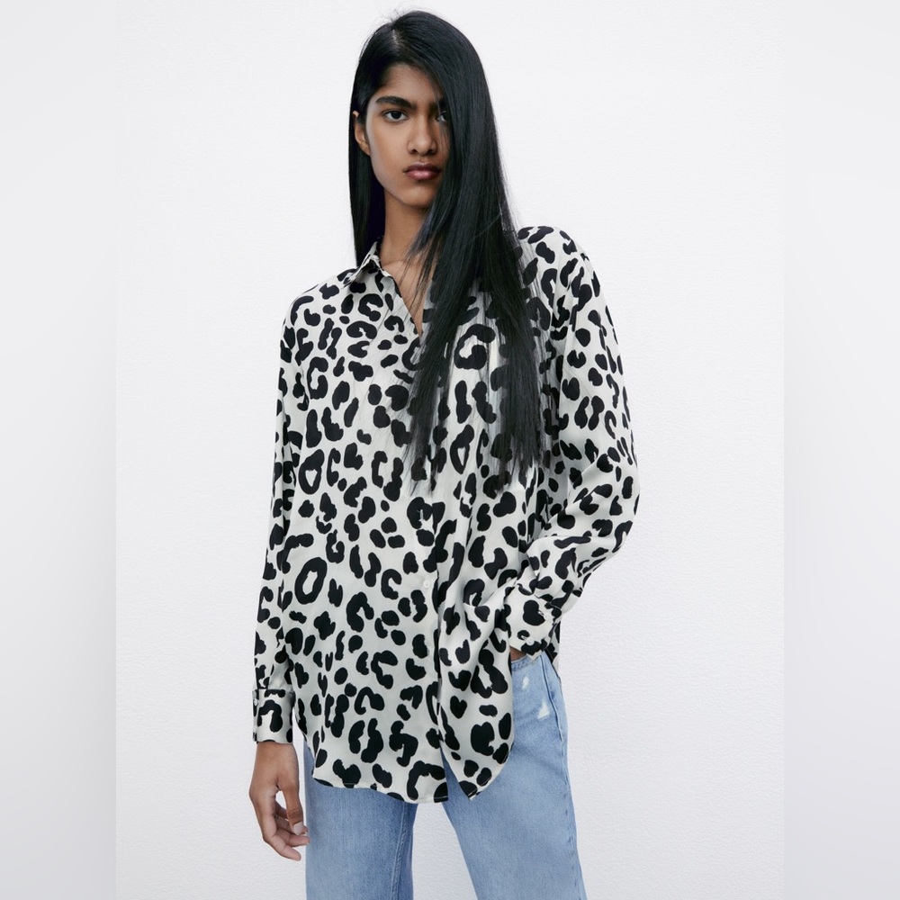 Zara Black White Animal Print Blouse Size XS